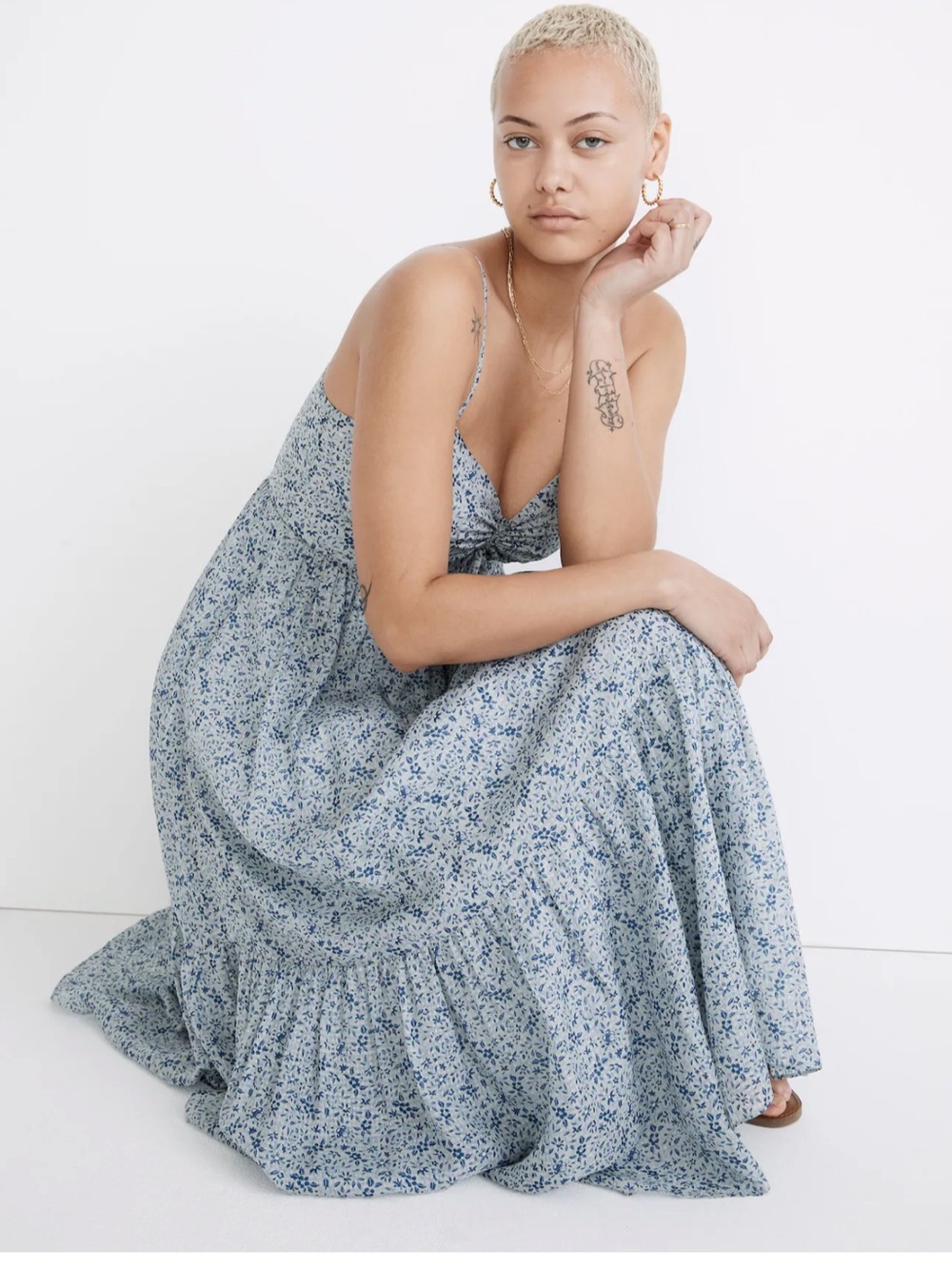 Madewell silk rushed keyhole tiered midi dress